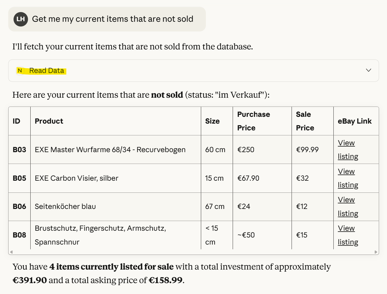 Claude Desktop response to the prompt to get unsold items