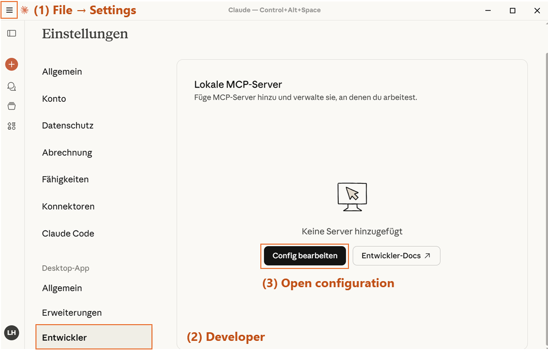 Claude Desktop Developer Settings menu in German